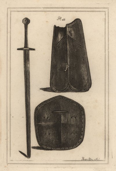 Large breastplate or cuirass 1, shield perforated in the centre 2 and two-handed sword that all belonged to Guy, Earl of Warwick 3, Copperplate engraving by J 作者 不明