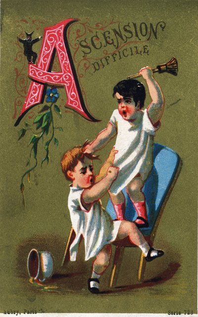 字母A：艰难的上升。雕刻在 "Alphabet des grotesques""中。一系列25幅以多尔为背景的广告色版画，19世纪末。尺寸：11x 7厘米 作者 不明