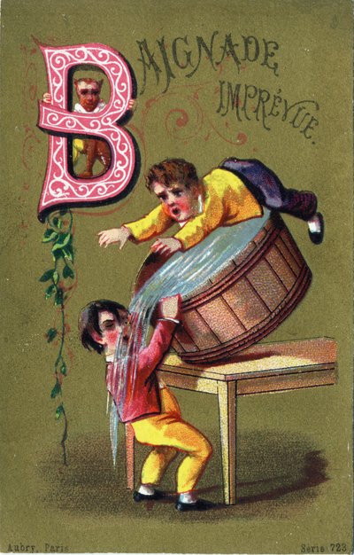 字母 B：Impreviewed 沐浴。 雕刻在“Alphabet des grotesques”中。 19 世纪后期，多尔背景上的 25 幅广告彩色石版画系列。 尺寸：11x 7 厘米 作者 不明