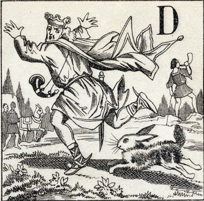字母D。达戈贝尔特国王被一只野兔追赶。雕刻在 "ABC Les Images en Alphabet "中。埃皮纳尔成像。Pellerin and Cie，印刷-出版商，埃皮纳尔，19世纪末，约1890年。10页。尺寸：19.5 x 13.5厘米 作者 不明