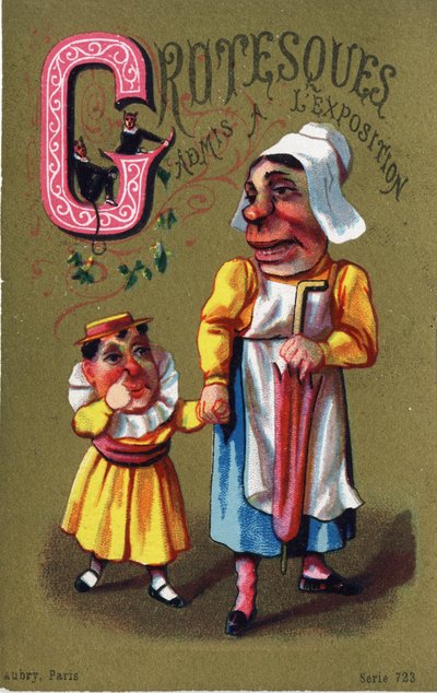 字母 G：怪诞入场展览。 雕刻在“Alphabet des grotesques”中。 19 世纪后期，多尔背景上的 25 幅广告彩色石版画系列。 尺寸：11x 7 厘米 作者 不明