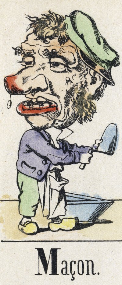 字母 M：梅肯。 东方传说的字母表。 Epinal 的成像，大约 1890 年。流行系列。 8 页小册子。 尺寸：205x150mm。 以 Metiers 为主题的钢印木版画 作者 不明