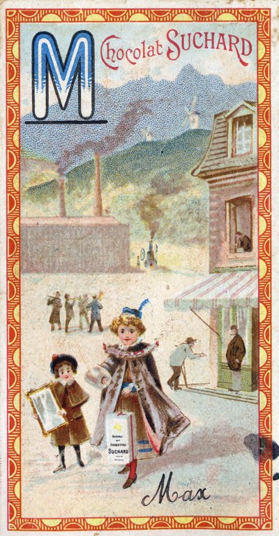 字母 M：山、镜子、机器、制造、外套、乞丐、磨坊。 20 世纪初，由 Chocolat Suchard 编辑的字母雕刻。 24 幅彩色石版画，代表要在图像中发现的地点、人物和物体。 暗淡： 作者 不明