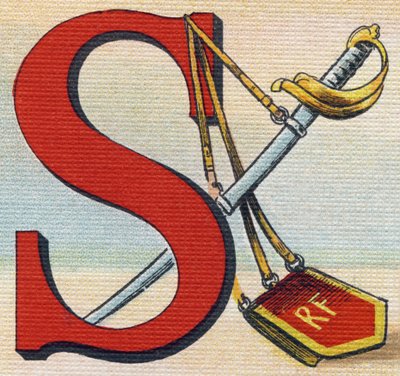 字母 S：军刀。 雕刻“Alphabet de ma petite fille”。 Bernardin-Bechet 和 Fils，书商出版商，巴黎，约 1895 年。坚不可摧的画布专辑。 贝贝斯图书馆。 12 页。 包含阅读方法和说明性初学者的专辑 作者 不明