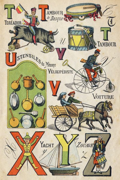 字母T、U、V、X、Y和Z。在 "ABC玩具 "中的雕刻。大约在1890年，埃皮纳尔用彩色石版印刷法成像。8页的小册子。尺寸：195x135mm，打算在第4个封面上接受广告。在家里使用，它提供了一个杰出的婴儿和一个小型的玩具。 作者 不明