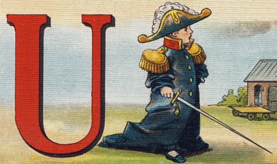 字母 U：制服。 雕刻“Alphabet de ma petite fille”。 Bernardin-Bechet 和 Fils，书商出版商，巴黎，约 1895 年。坚不可摧的画布专辑。 贝贝斯图书馆。 12 页。 包含阅读方法和说明的相册 作者 不明