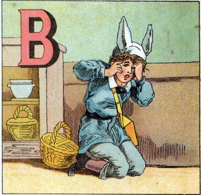 字母 B 作为驴帽。 雕刻在“Alphabet des petits ecoliers”上。Epinal 的成像，大约 1885 年。Privee 收藏 作者 不明