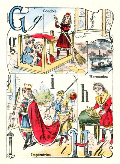 字母 G、I 和 H。孩子们在玩吊船、imperatrice 和口琴。 雕刻在“有趣的字母表”中。 Pont-a-Mousson 的成像。 印刷和出版 Louis Vagne，19 世纪末 作者 不明