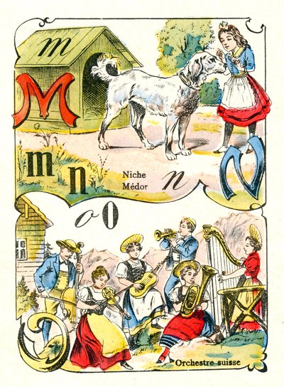 字母M N和O为Medor、Niche和Swiss Orchestra。在 "有趣的字母表 "中的雕刻。Pont-a-Mousson的图像。Louis Vagne的印刷和出版，19世纪末 作者 不明