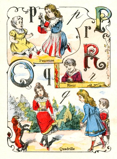 字母 P Q 和 R 表示恐惧、欢笑和四合一。 雕刻在“有趣的字母表”中。 Pont-a-Mousson 的成像。 印刷和出版 Louis Vagne，19 世纪末 作者 不明