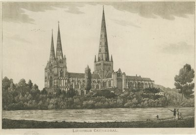 利奇菲尔德大教堂（Lichfield Cathedral）-南视图：浅绿色雕刻，编号[c 1820-1830] 作者 不明