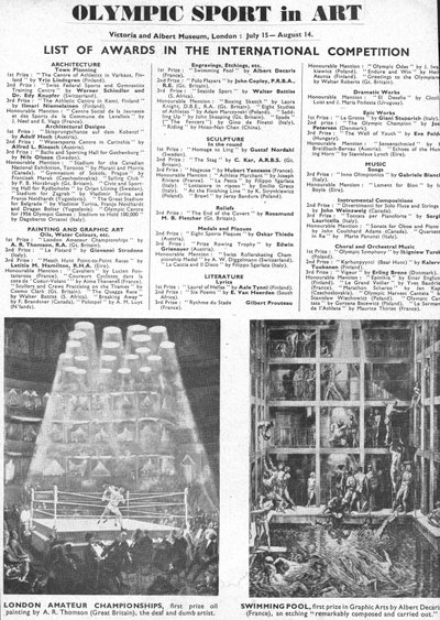 1948年伦敦奥运会建筑、艺术、雕塑、文学、戏剧和音乐奖获奖者名单（平装）。 作者 不明