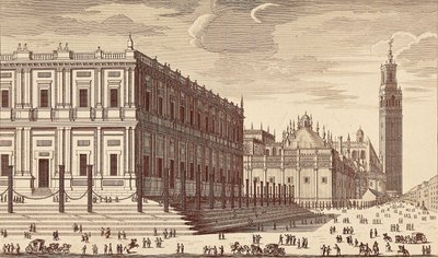 Lonja de Comercio（"贸易大楼"）和塞维利亚大教堂局部景观。雕刻。西班牙。马德里（自治区）。马德里。国家图书馆 作者 未知艺术家