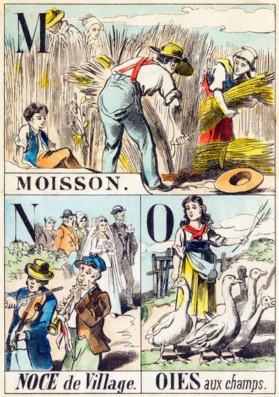 M N O : Moisson, Noce de village, Oies aux champs - "农场的字母表" 19世纪末（雕刻）。 作者 不明