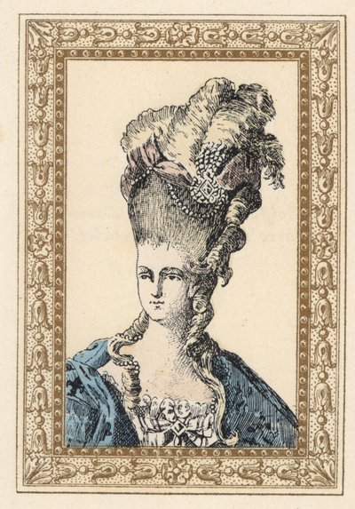 法国国王路易十六的妻子玛丽-安托瓦内特（Marie Antoinette），精致的发型上镶嵌着丝带和珍珠 作者 未知艺术家