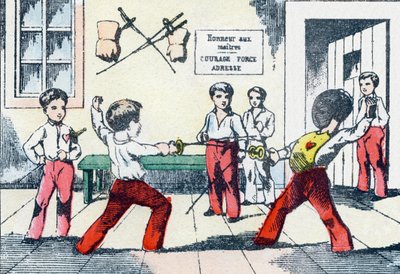 武器大师。在 "儿童军事字母表 "中的雕刻。庞德穆松的图像，约1890年。20页。尺寸：28.5x21cm 作者 不明