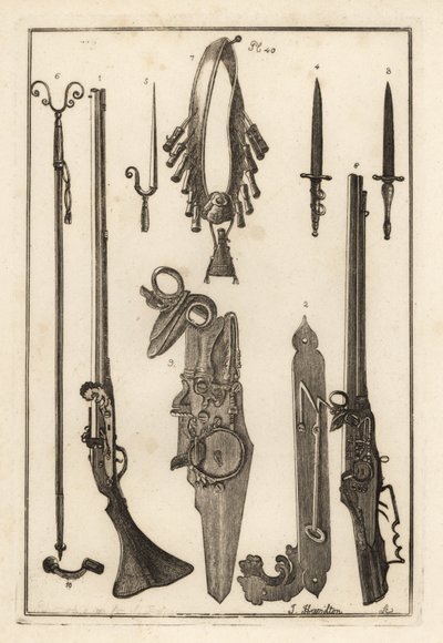 Matchlock musket, lock and bayonet from the Tower of London 1-3, bayonet 4, musket rest and bayonet 5, musket rest 6, bandileers and powder flask 7, wheel lock 8,9, and spanner 10 作者 不明