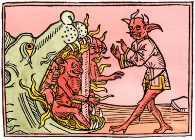 神话与传说地狱中燃烧恶魔的龙口。来自奥格斯堡版本的着色版画 作者 未知艺术家