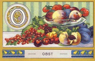 O : Obst - 字母表 Palmin。H. Schlinck & Cie, Hamburg, n.d.出版的彩色石版画系列。Palmin feinstes Cocosfett的广告。尺寸：7 x 11 cm 作者 未知艺术家