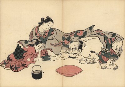花魁宫女在观看她的侍女 Kamuro（侍女）和著名壮汉 Kinpira 之间的力量比试。前面放着一壶清酒和酒碗。奥村正信（1686-1764 年）的木版画，选自 Fuzoku Emakimono，《水上贸易图卷》，To 作者 未知艺术家