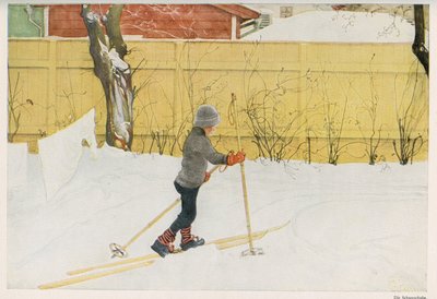 瑞典插画家卡尔-拉尔松（1853-1919）的一个孩子在学习滑雪板的动作。来自 "Das haus in der sonne "的图画 1921年 作者 不明