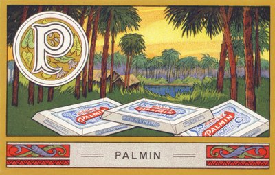P: Palmin - 字母表 Palmin。H. Schlinck & Cie, Hamburg, n.d.出版的彩色石版画系列。Palmin feinstes Cocosfett的广告。尺寸：7 x 11 cm 作者 未知艺术家