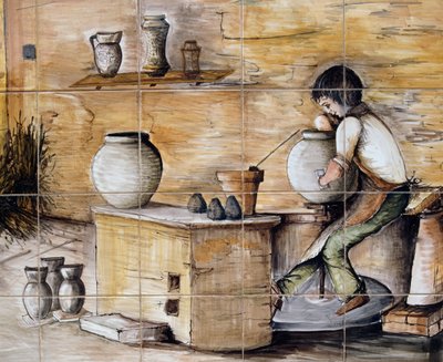 描绘制陶场景的彩绘麦饭石板，由意大利西西里岛Santo Stefano di Camastra的Ceramiche Desuir公司手工制作，详细介绍 作者 未知艺术家