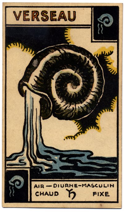 超自然现象。 占星术。 水瓶座（水瓶座）。 占星卡来自：Le Tarot Astrologique（占星塔罗牌），作者：Georges Muchery，法国 作者 未知艺术家