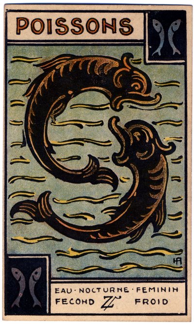 超自然现象占星术。双鱼座（鱼）。占星牌选自：Le Tarot Astrologique（占星塔罗牌），法国 Georges Muchery 著。 作者 未知艺术家
