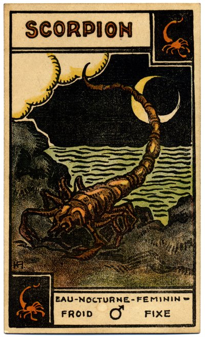 超自然现象。 占星术。 天蝎座（天蝎座）。 占星卡来自：Le Tarot Astrologique（占星塔罗牌），作者：Georges Muchery，法国 作者 未知艺术家