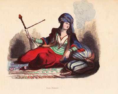 波斯夫人 - 佩戴珠宝头巾、身着毛边外套、外衣和裤装的波斯贵族妇女，吸着水烟，躺在靠垫和地毯上 - Pannemaker 和 Mercier 根据 H. Hendrickx 的插图绘制的手工彩色木刻版画，选自《Mores, Us》。 作者 未知艺术家