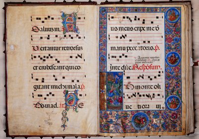 Piccolomini 图书馆：唱诗班唱本，cod.8-H, ff.1v-2r 配有贝尔纳迪诺-西格诺尼（Bernardino Cignoni）的 "基督在客西马尼花园"。 作者 未知艺术家