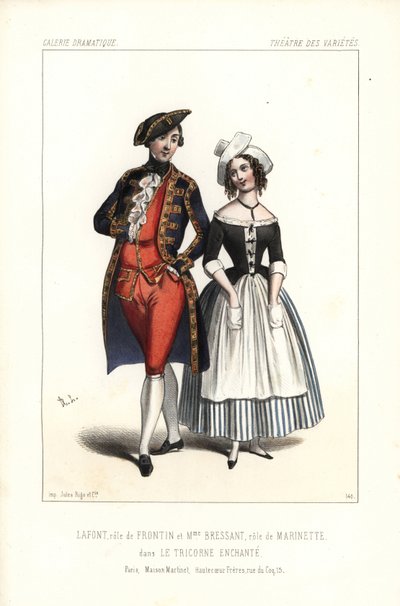 皮埃尔-谢里-拉丰（Pierre-Cheri Lafont）在 Theophile Gautier 的 Le Tricorne Enchante 中饰演 Frontin 和 Bressant 夫人，或奥古斯汀-杜邦（Augustine Dupont）在 Theophile Gautier 的 Le Tricorne Enchante 中饰演 Marinette，变奏剧场 作者 未知艺术家