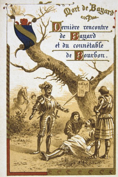 Pierre Terrail，Seigneur de Bayard（1475-1524 年），法国英雄，"无所畏惧、无可指责的骑士"。19 世纪（铬版印刷商品卡） 作者 未知艺术家