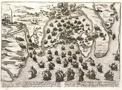 1596 年沃尔特-雷利爵士进攻加的斯港时的平面图（雕刻） 作者 未知艺术家