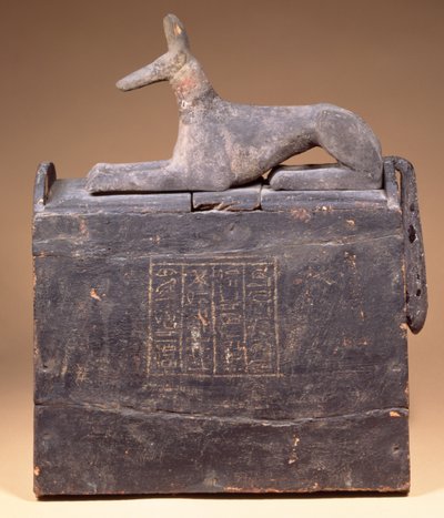 塔形沙卜提盒，盖子上有铭文和阿努比斯雕像（后来的），埃及，底比斯，第 22 王朝初期，公元前 900 年（黑漆木） 作者 不明