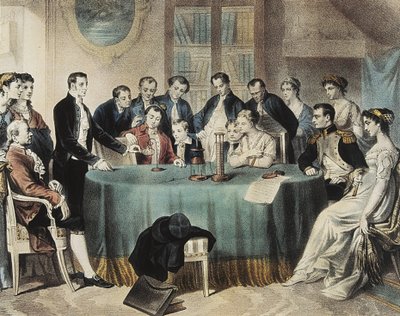 1801 年伏尔塔向第一执政拿破仑-波拿巴赠送电瓶实验（雕刻） 作者 未知艺术家