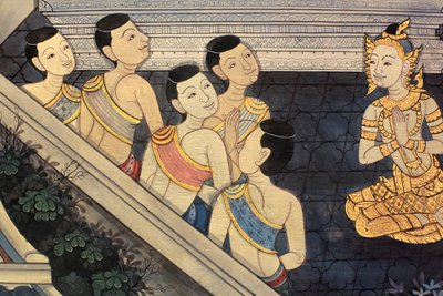 拉玛王子。拉玛三世国王时代的维哈拉内壁壁画细节，描绘了拉玛基安。Wat Pho - Wat Phra Chettuphon.1788.曼谷。泰国 作者 不明