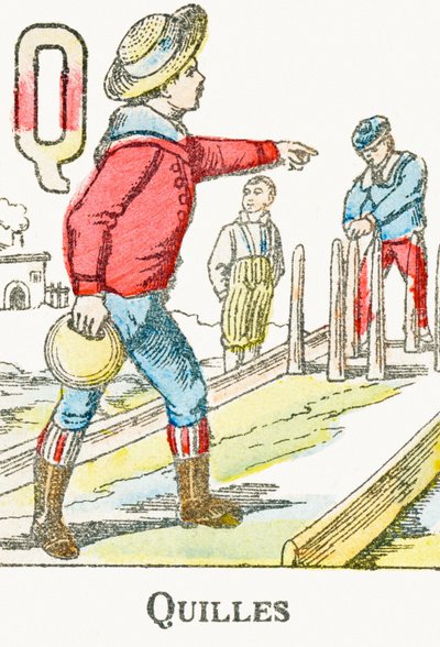问：保龄球瓶 - 雕刻自“Alphabet des jeux”，大约 1890 年 作者 不明