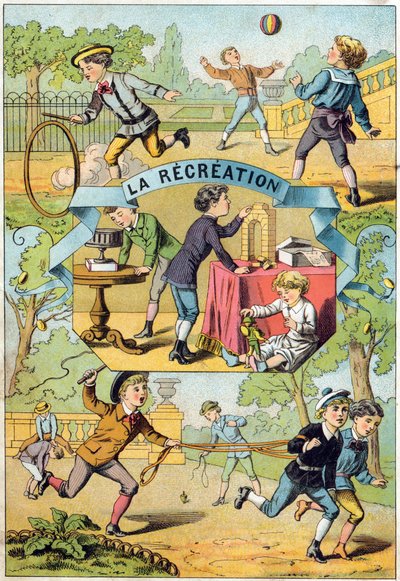 学校院子里的娱乐活动。在 "Alphabet des petits ecoliers "中的雕刻。埃皮纳尔的图像，约1885年。Privee收藏 作者 不明