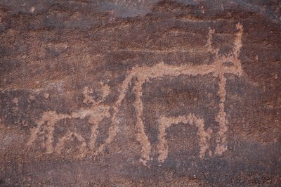 岩画，史前。埃及Uweinat山地的牛和它的小牛的雕刻。(公元前8000年至3000年期间）。)摄影 作者 不明