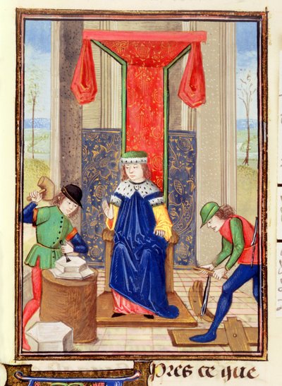 Roy 15 EII f.265 师傅、木匠和石匠，选自 Bartolomeus Anglicus 的《Des Proprietez des Choses》。 作者 未知艺术家