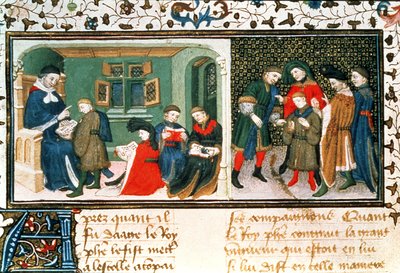 Roy 17 E III f.209r 主人和学生，选自 Bartholomaeus Anglicus 的《Des Proprietez des Choses》（牛皮纸） 作者 未知艺术家