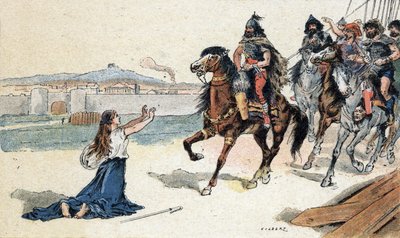圣吉纳维芙（422-502）在匈奴国王阿提拉面前--蛮族入侵--1890年卡米尔-吉尔伯特的插图（雕刻）。 作者 不明
