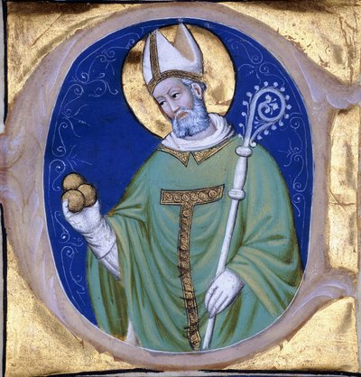 迈拉的圣尼古拉（Saint Nicolas of Myra），历史悠久的首字母“ C”，出自牛皮纸上发光的合唱本，约1400年 作者 不明