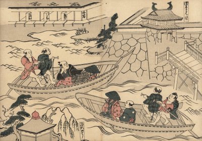 武士乘船渡河（赤坂三助），前往吉原游乐区。奥村正信（1686-1764 年）的木版画，出自东京的 Fuzoku Emakimono《水上贸易图卷》，约 1880 年再版。 作者 未知艺术家