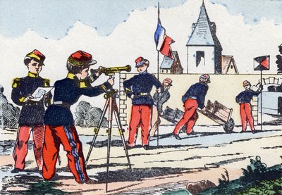潜行者。在 "儿童军事字母 "中的雕刻。大约在1890年，对Pont-a-Mousson的想象。20页。尺寸：28.5x21cm 作者 不明