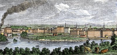 19 世纪 30 年代，美国马萨诸塞州洛厄尔市梅里马克（Merrimac）河和康科德河沿岸的纺织厂。19 世纪的彩色版画。 作者 未知艺术家