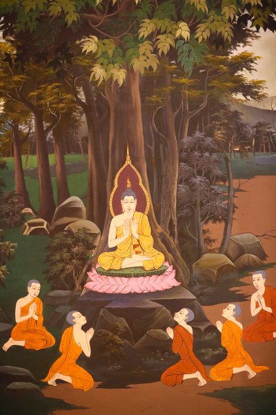 佛陀第一次向五位和尚说法，壁画，Wat Botum 寺，金边，2022 年（照片） 作者 未知艺术家