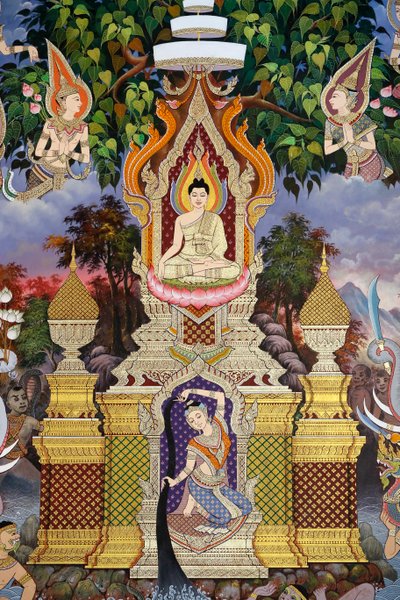 《佛陀的一生》壁画，Wat Maniratanaram 寺院，金边，2022 年（照片） 作者 未知艺术家
